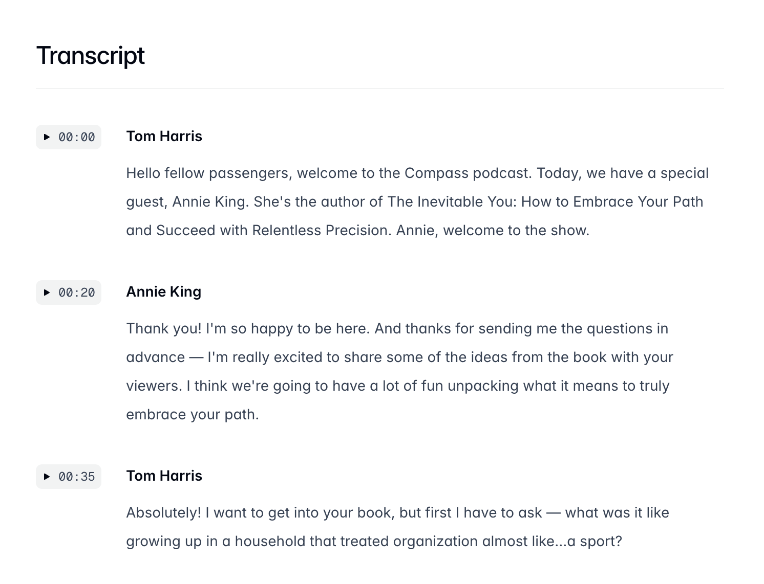 Transcripción estilizada de una entrevista entre Tom Harris and Annie King